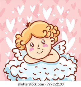 Cute Cupid angel character on romantic pink background with hearts. Vector illustration art in cartoon, doodle hand drawn style: for Valentine Day cards, poster, wedding, invitation