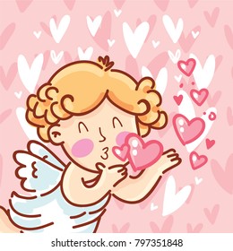 Cute Cupid angel character sending air kiss on romantic pink background. Vector illustration art in cartoon, doodle hand drawn style: for Valentine Day cards, poster, wedding, invitation
