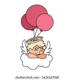 cute cupid angel with helium balloons on white background vector illustration design