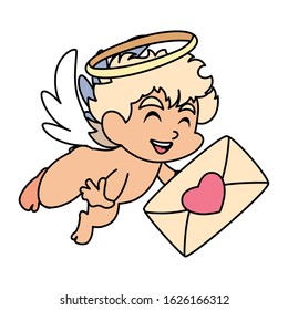 cute cupid angel holding a love letter in white background vector illustration design