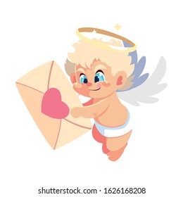 cute cupid angel holding a love letter in white background vector illustration design