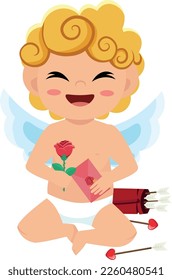 Cute Cupid angel with love letter and a rose. Happy Valentine's Day.