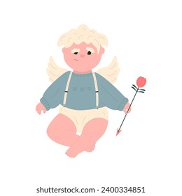 Cute cupid angel. Modern cherub with arrow for Valentine's day. Flat vector illustration.