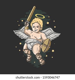 Cute Cupid Angel With Sword And Shield Illustration