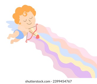 Cute cupid angels with a bow and arrow on a rainbow background. Print, Valentine's Day background, illustration, vector