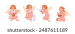 Cute cupid angels, cherub characters set. Adorable baby girls, kids with wings, playing music, sitting with dove for love holiday, Valentine Day. Flat vector illustrations isolated on white background