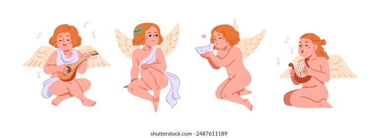 Cute cupid angels, cherub characters set. Adorable baby girls, kids with wings, playing music, sitting with dove for love holiday, Valentine Day. Flat vector illustrations isolated on white background