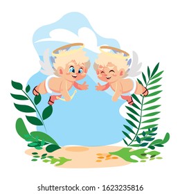 cute cupid angels in different poses, valentines day vector illustration design