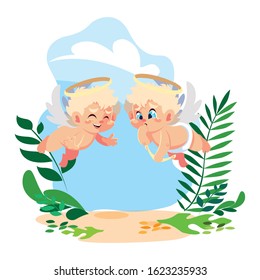 cute cupid angels in different poses, valentines day vector illustration design