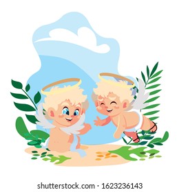 cute cupid angels in different poses, valentines day vector illustration design