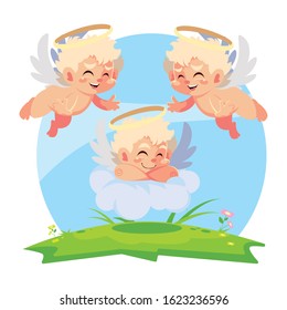 cute cupid angels in different poses, valentines day vector illustration design