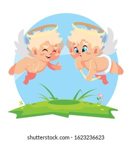 cute cupid angels in different poses, valentines day vector illustration design
