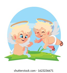 cute cupid angels in different poses, valentines day vector illustration design