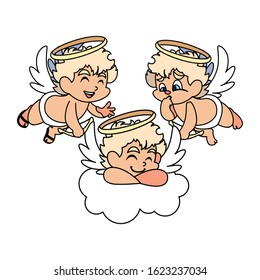 cute cupid angels in different poses on white background vector illustration design