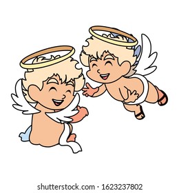 cute cupid angels in different poses on white background vector illustration design