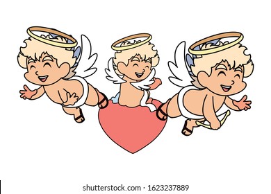 cute cupid angels in different poses on white background vector illustration design