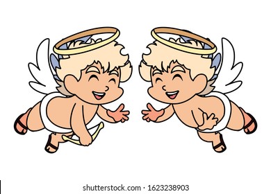 cute cupid angels in different poses on white background vector illustration design