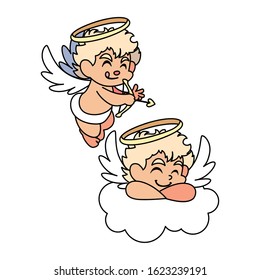 cute cupid angels in different poses on white background vector illustration design