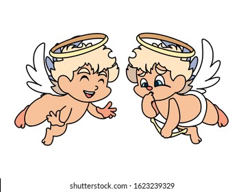 cute cupid angels in different poses on white background vector illustration design