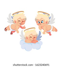 cute cupid angels in different poses on white background vector illustration design