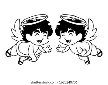 cute cupid angels in different poses on white background vector illustration design