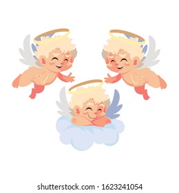 cute cupid angels in different poses on white background vector illustration design