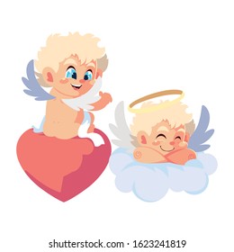 cute cupid angels in different poses on white background vector illustration design