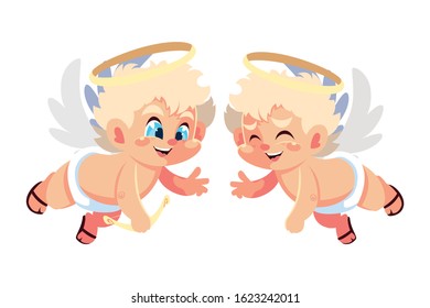 cute cupid angels in different poses on white background vector illustration design
