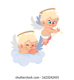 cute cupid angels in different poses on white background vector illustration design