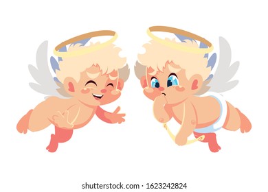 cute cupid angels in different poses on white background vector illustration design