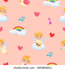 Cute cupid angels playing in the sky and clouds seamless pattern. Flat vector design cartoon.