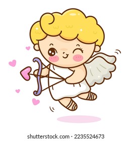 Cute cupid arrow cartoon Valentine angel on sky. Series: love festival fairy princess baby character (Curly child boy). kawaii vector for fairy tale book. Perfect make a wish.