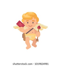 Cute cupid with an arrow in one hand and a greeting card in another. Valentines Day flat character illustration