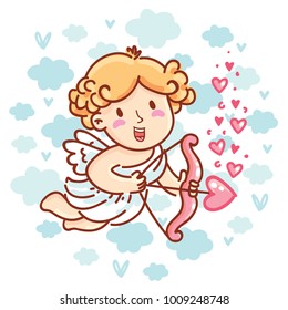 Cute Cupid baby angel character with wings, bow and arrow on blue clouds background. Romantic hand drawn love illustration art in cartoon, doodle style for Valentine Day: for print, greeting card