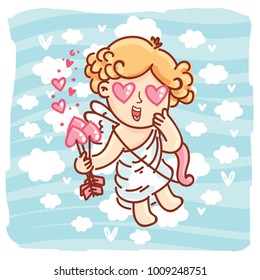 Cute Cupid baby angel character with wings, bow and arrow on blue clouds background. Romantic hand drawn love illustration art in cartoon, doodle style for Valentine Day: for print, greeting card