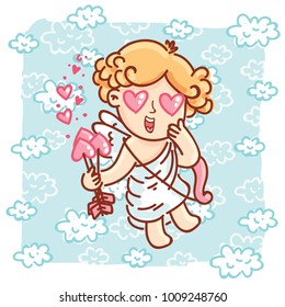Cute Cupid baby angel character with wings, bow and arrow on blue clouds background. Romantic hand drawn love illustration art in cartoon, doodle style for Valentine Day: for print, greeting card