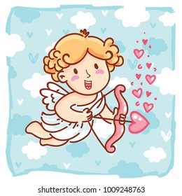 Cute Cupid baby angel character with wings, bow and arrow on blue clouds background. Romantic hand drawn love illustration art in cartoon, doodle style for Valentine Day: for print, greeting card
