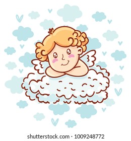 Cute Cupid baby angel character with wings, bow and arrow on blue clouds background. Romantic hand drawn love illustration art in cartoon, doodle style for Valentine Day: for print, greeting card