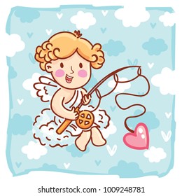 Cute Cupid baby angel character with wings, bow and arrow on blue clouds background. Romantic hand drawn love illustration art in cartoon, doodle style for Valentine Day: for print, greeting card