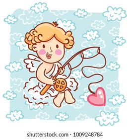 Cute Cupid baby angel character with wings, bow and arrow on blue clouds background. Romantic hand drawn love illustration art in cartoon, doodle style for Valentine Day: for print, greeting card