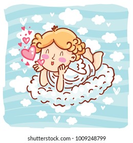 Cute Cupid baby angel character with wings, bow and arrow on blue clouds background. Romantic hand drawn love illustration art in cartoon, doodle style for Valentine Day: for print, greeting card