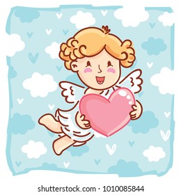 Cute Cupid baby angel character with wings, bow and arrow on blue clouds background as Greeting Card. Romantic hand drawn love illustration art in cartoon, doodle style for Valentine Day