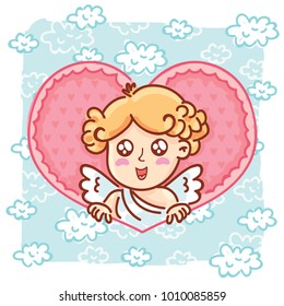 Cute Cupid baby angel character with wings, bow and arrow on blue clouds background as Greeting Card. Romantic hand drawn love illustration art in cartoon, doodle style for Valentine Day