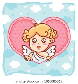Cute Cupid baby angel character with wings, bow and arrow on blue clouds background as Greeting Card. Romantic hand drawn love illustration art in cartoon, doodle style for Valentine Day
