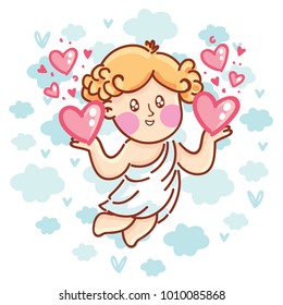 Cute Cupid baby angel character with wings, bow and arrow on blue clouds background as Greeting Card. Romantic hand drawn love illustration art in cartoon, doodle style for Valentine Day