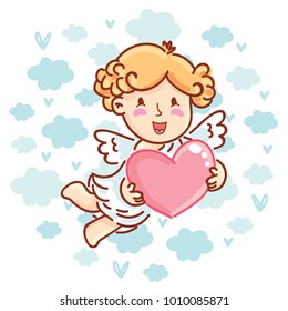 Cute Cupid baby angel character with wings, bow and arrow on blue clouds background as Greeting Card. Romantic hand drawn love illustration art in cartoon, doodle style for Valentine Day