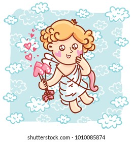 Cute Cupid baby angel character with wings, bow and arrow on blue clouds background as Greeting Card. Romantic hand drawn love illustration art in cartoon, doodle style for Valentine Day