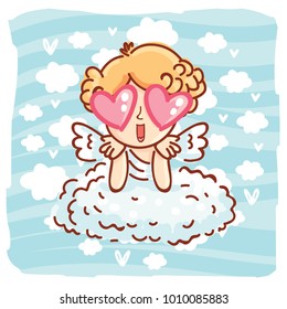 Cute Cupid baby angel character with wings, bow and arrow on blue clouds background as Greeting Card. Romantic hand drawn love illustration art in cartoon, doodle style for Valentine Day