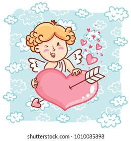 Cute Cupid baby angel character with wings, bow and arrow on blue clouds background as Greeting Card. Romantic hand drawn love illustration art in cartoon, doodle style for Valentine Day