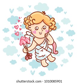 Cute Cupid baby angel character with wings, bow and arrow on blue clouds background as Greeting Card. Romantic hand drawn love illustration art in cartoon, doodle style for Valentine Day